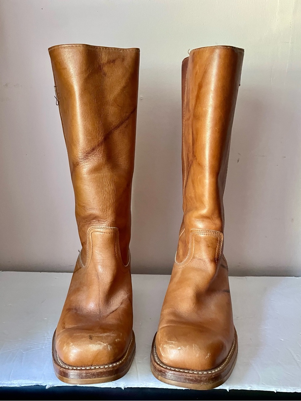 Vtg 70s 80s BRONCO Campus Boots Mens 10.5 EE Brown Tan Marbled Leather Tall USA